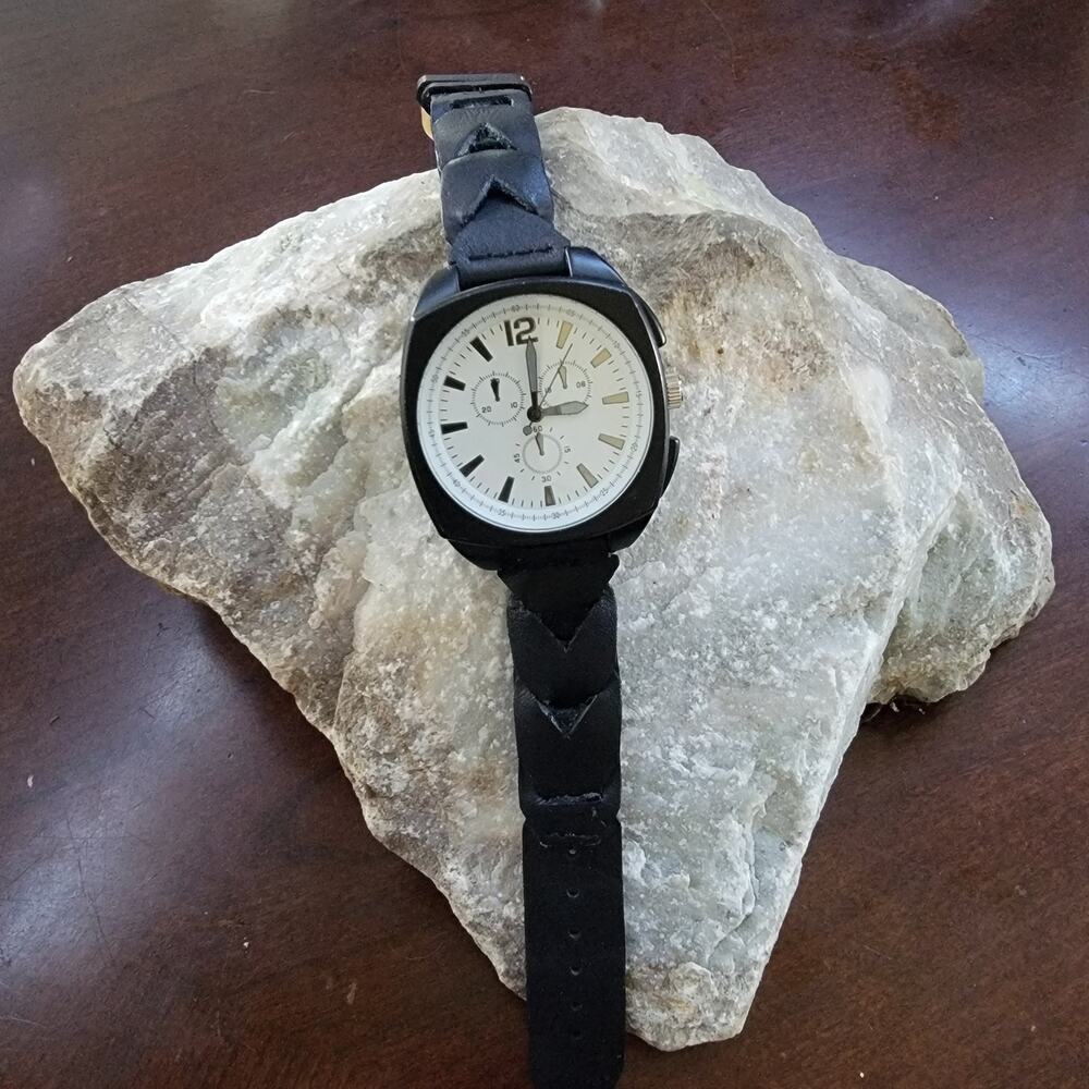 Vintage Watch Black Chronograph Style Watch White Dial Leather Strap Japan Movt